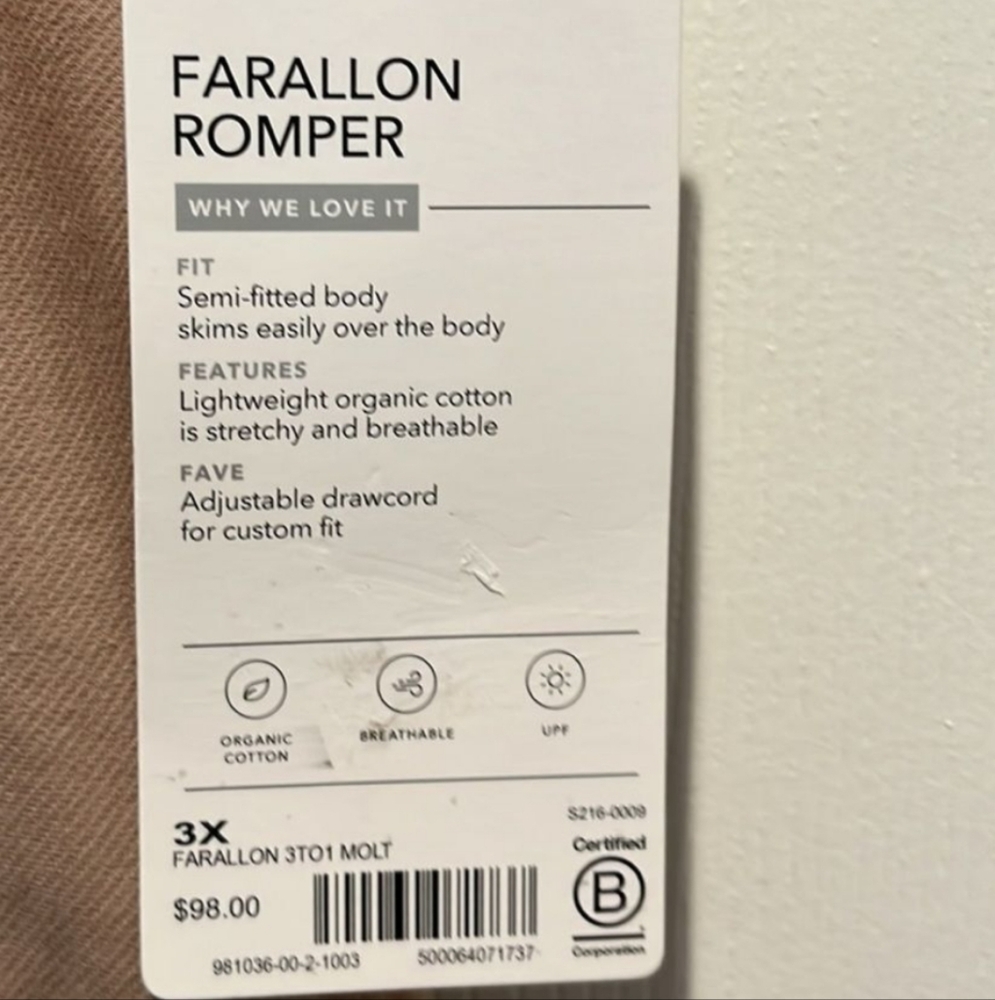 🏷️ATHLETA Farallon Romper Drawstring Organic Cotton UPF Molt Size 3X - Picture 14 of 14
